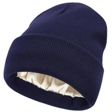 Cargar imagen en el visor de la galería, Gorro de punto con forro de satén -Azul marino - Ozerty
